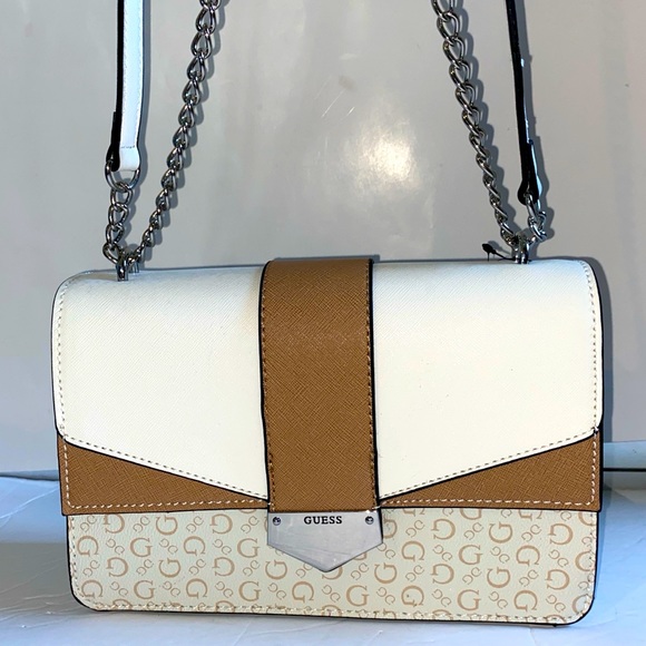 Guess Bags New White Brown Guess Crossbody Bag Purse Satchel Nwt